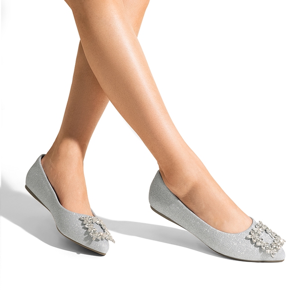 Rhinestone Square Buckle Flats - SILVER-GLITTER - 2